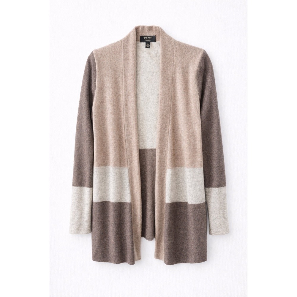 CHARTER CLUB $179 Color Block 100% Cashmere Cardigan S/P Open Front Taupe